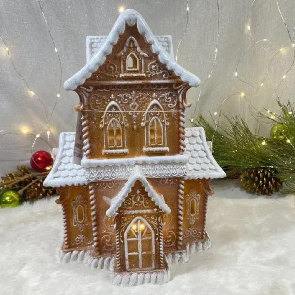 NEW Christmas Victorian LED White Icing Scrolls Gingerbread House Light Up 14”